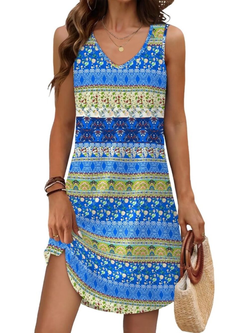Women's Summer Dress Printed V Neck Sleeveless Dress Sundresses Swimsuit Coverup